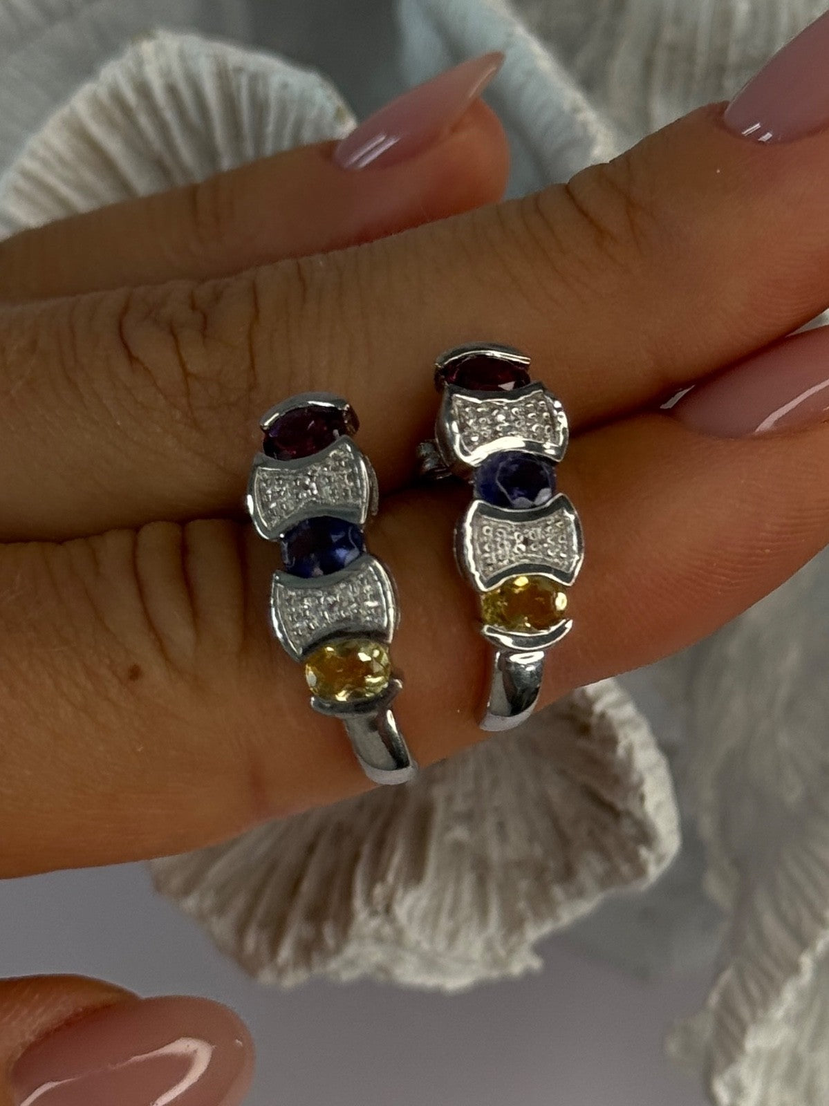 925 Sterling Silver Ruby Tanzanite Citrine Diamond Earrings Length 0.90 Inch