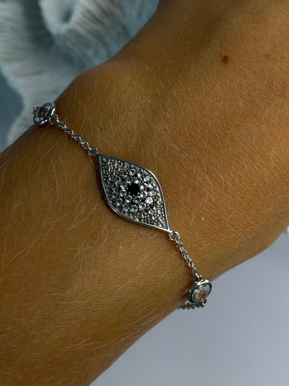 925 Sterling Silver Evil Eye Sapphire & Beryl Bracelet Length 6-7.5