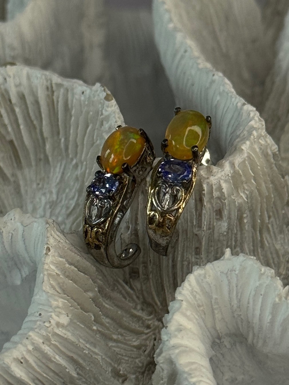 925 Sterling Silver Yellow Opal & Tanzanite Earrings Length 0.70 Inch