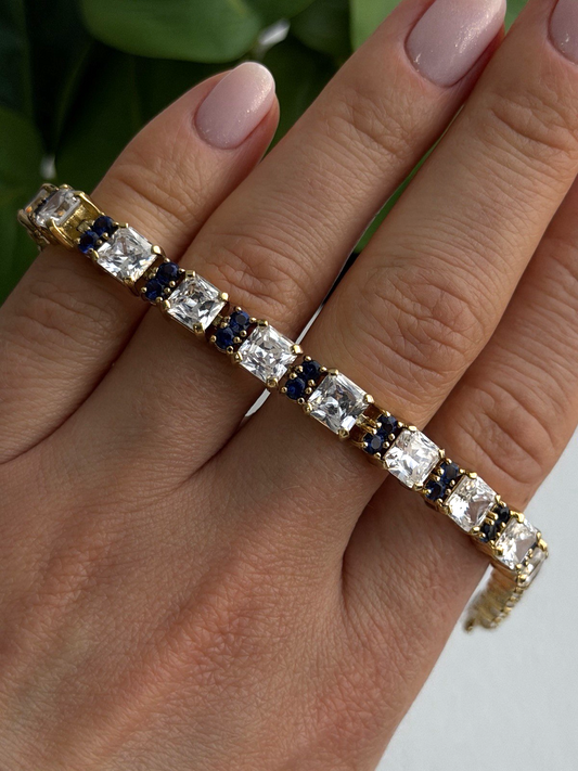 925 Sterling Silver Gold Plated White Colorless & Blue Cz Bracelet 7.5