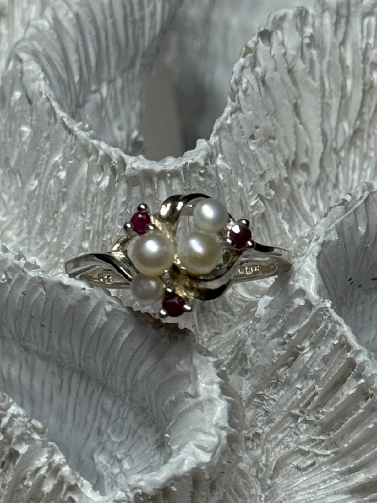 925 Sterling Silver Pearls & Ruby Ring Size 8