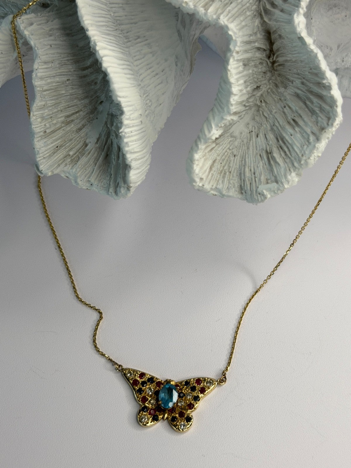 14K Yellow Gold Topaz Ruby Sapphire Diamond Necklace Butterfly