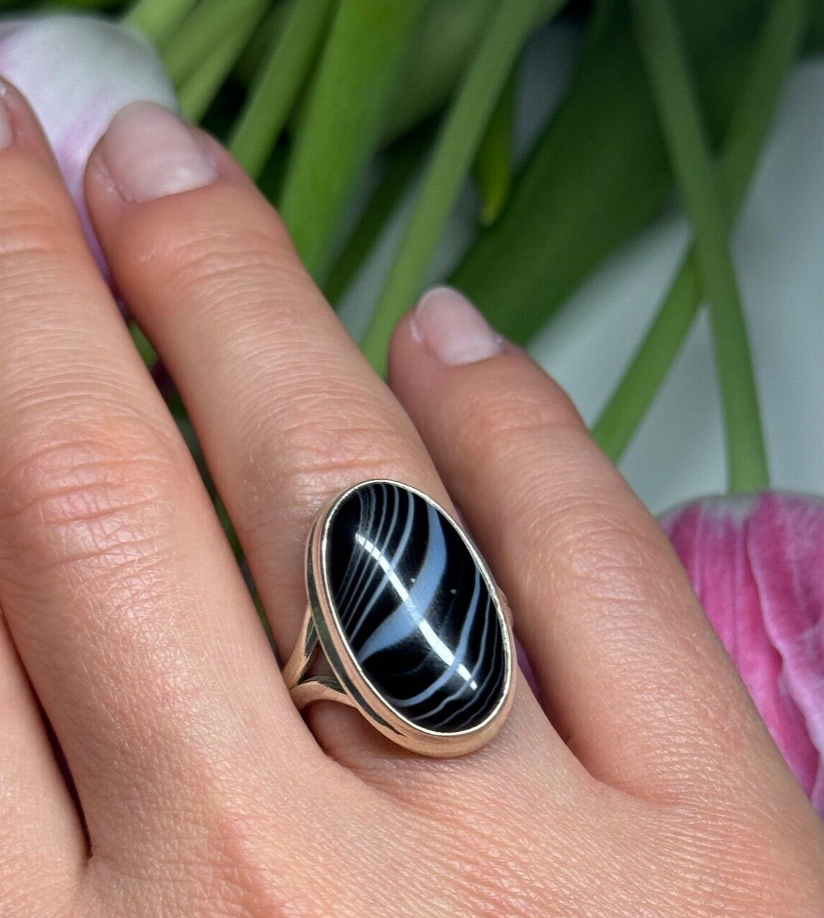 925 Sterling Silver Agate Ring Size 7