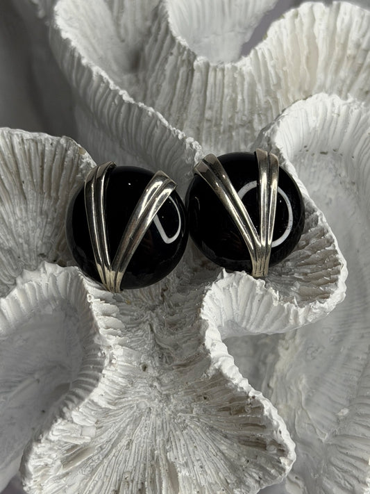 Vintage 925 Sterling Silver Black Onyx Earrings