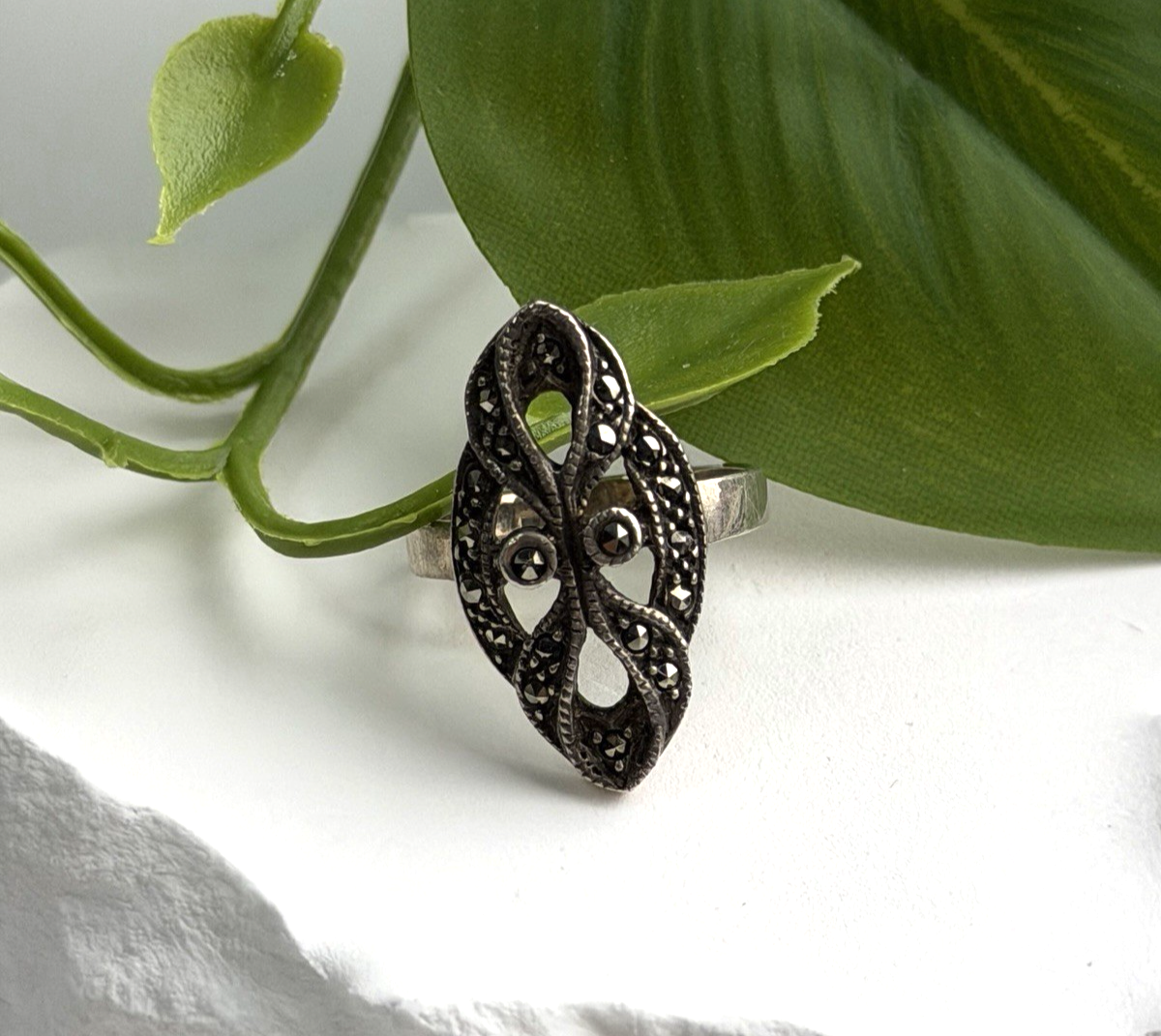 Vintage Filigree 925 Sterling Silver Marcasite Ring Size 6
