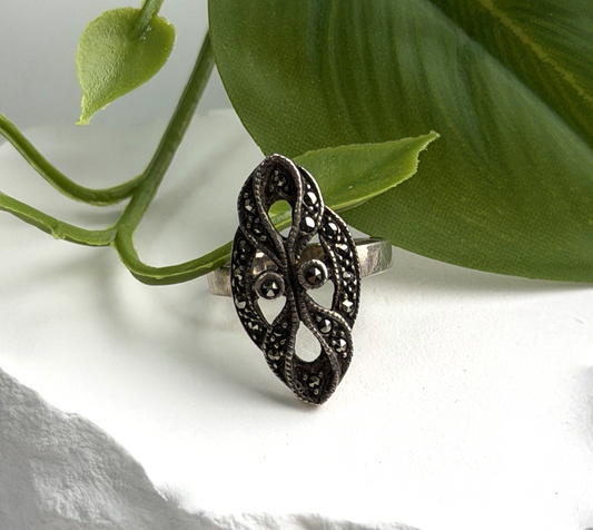 Vintage Filigree 925 Sterling Silver Marcasite Ring Size 6