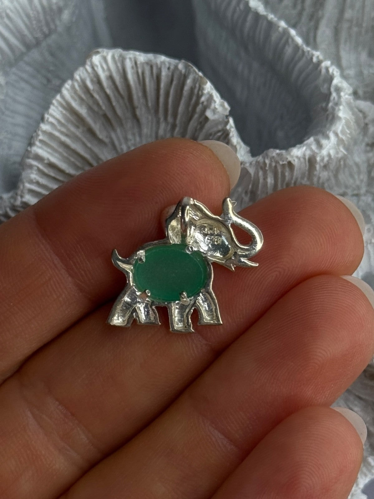 925 Sterling Silver Jade Elephant Charm Pendant Length 0.70 Inch