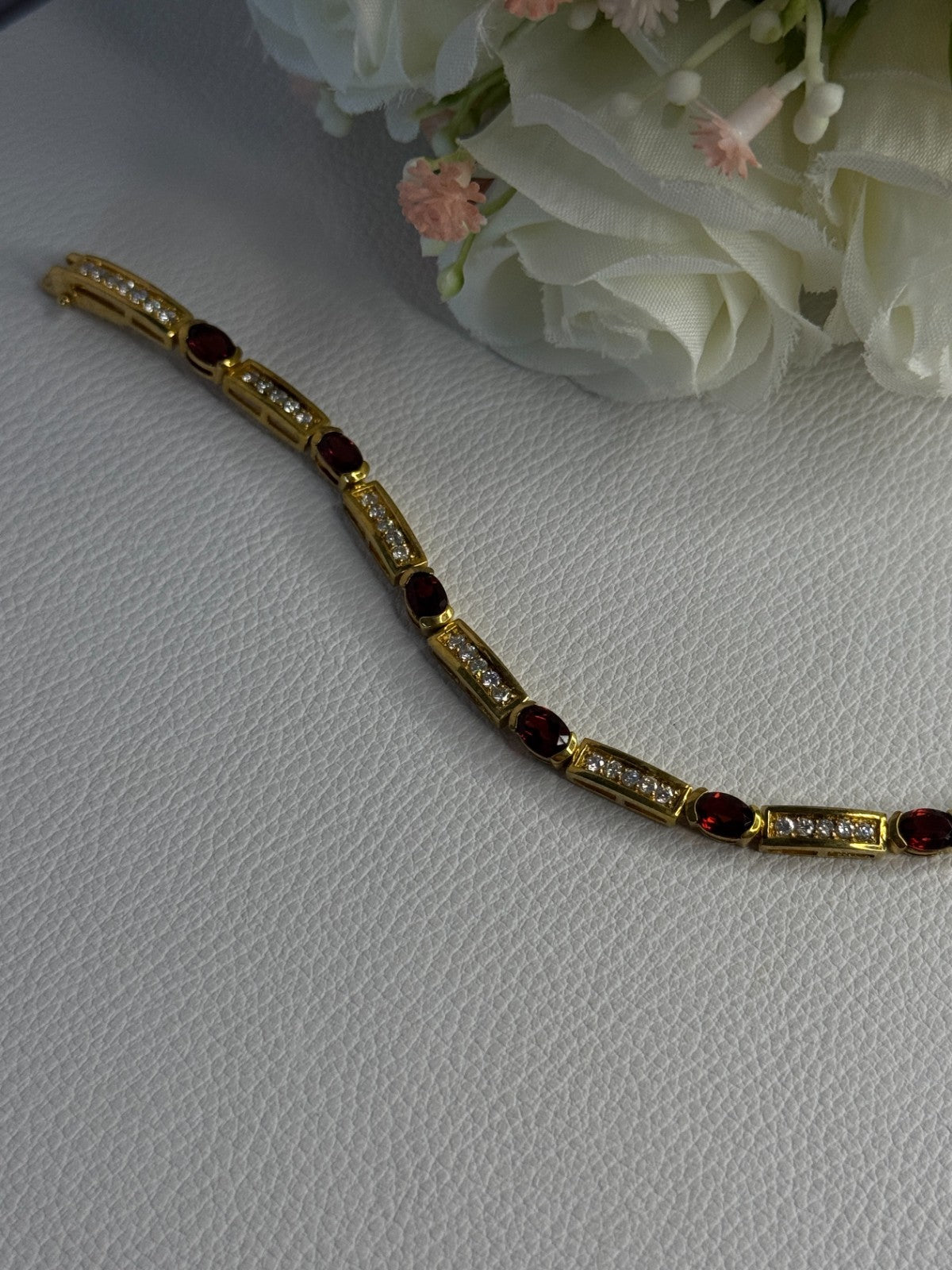 925 Sterling Silver Gold Plated Jjt Garnet & CZ Bracelet Length 7.5