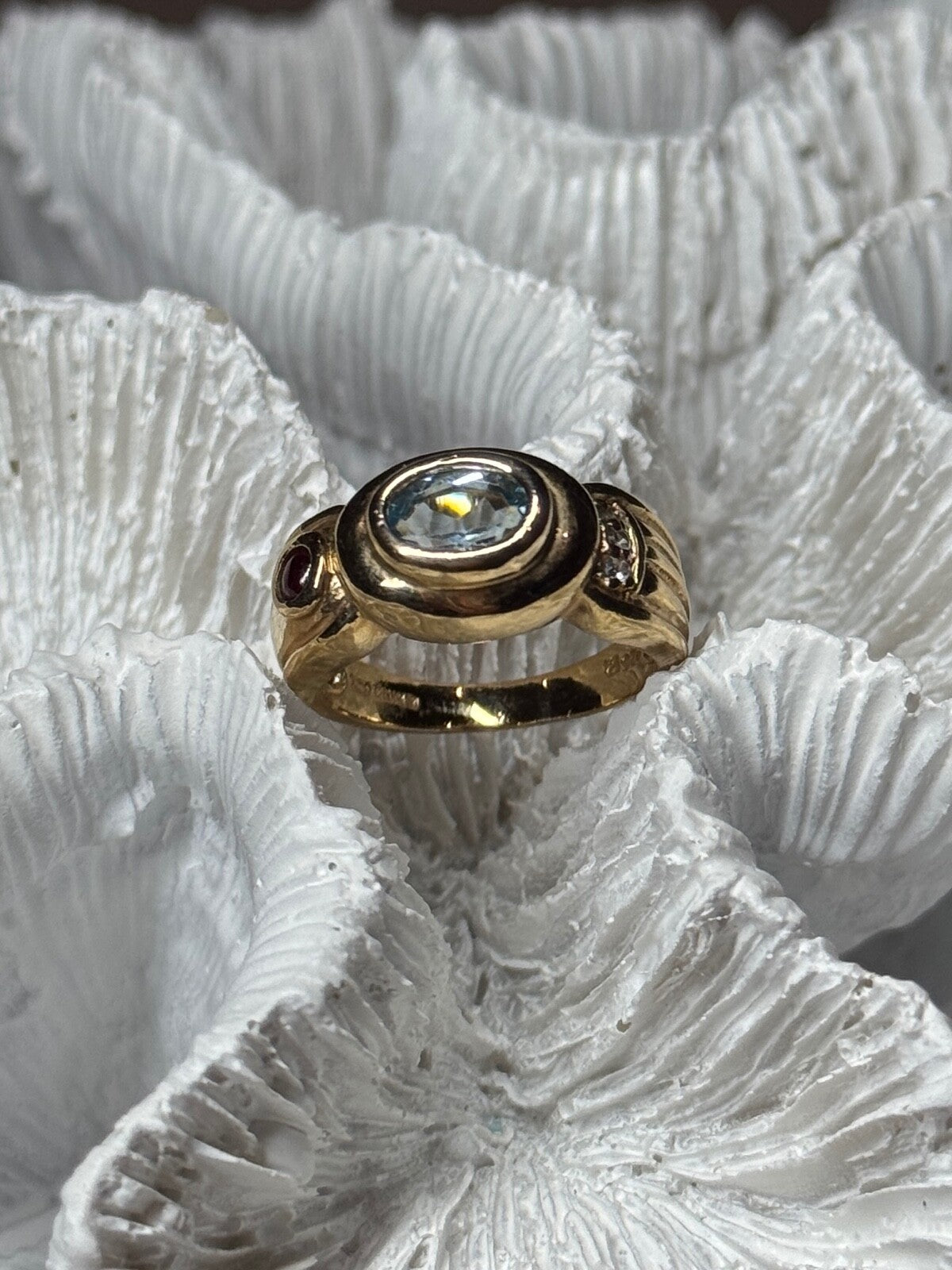 925 Sterling Silver Gold Plated Aquamarine, Garnet & CZ Ring Size 4
