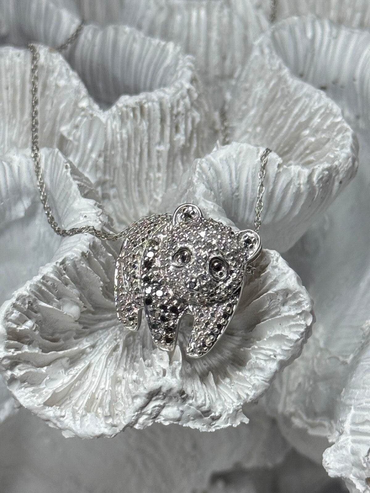925 Sterling Silver CZ "Panda" Necklace Length 18 In