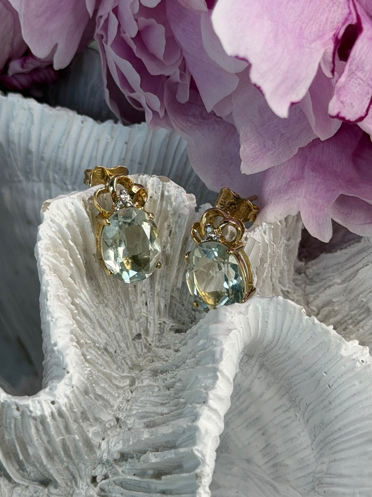 10K Yellow Gold Prasiolite & Diamond Earrings