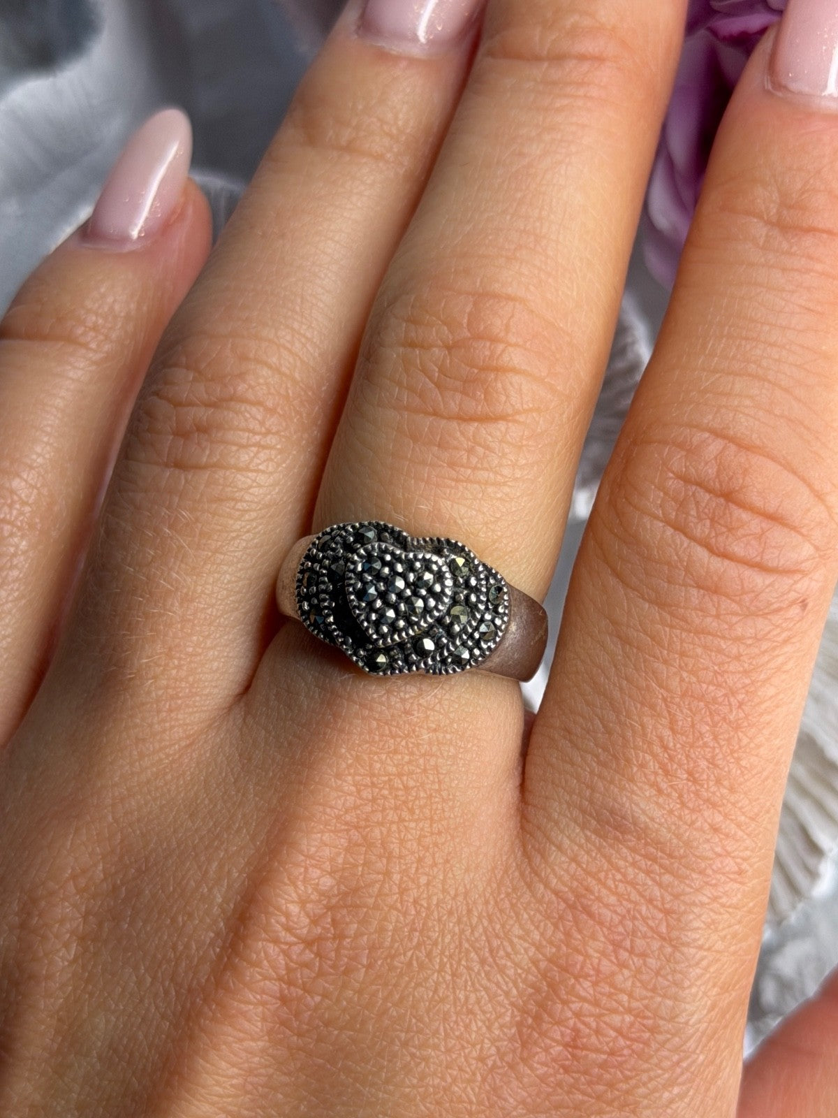 Vintage 925 Sterling Silver Marcasite Heart Ring Size 8