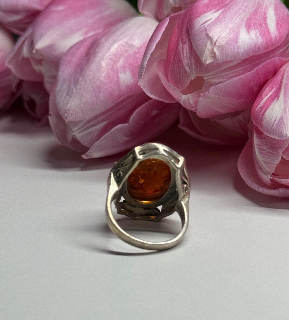 925 Sterling Silver Amber & Marcasite Ring Size 5