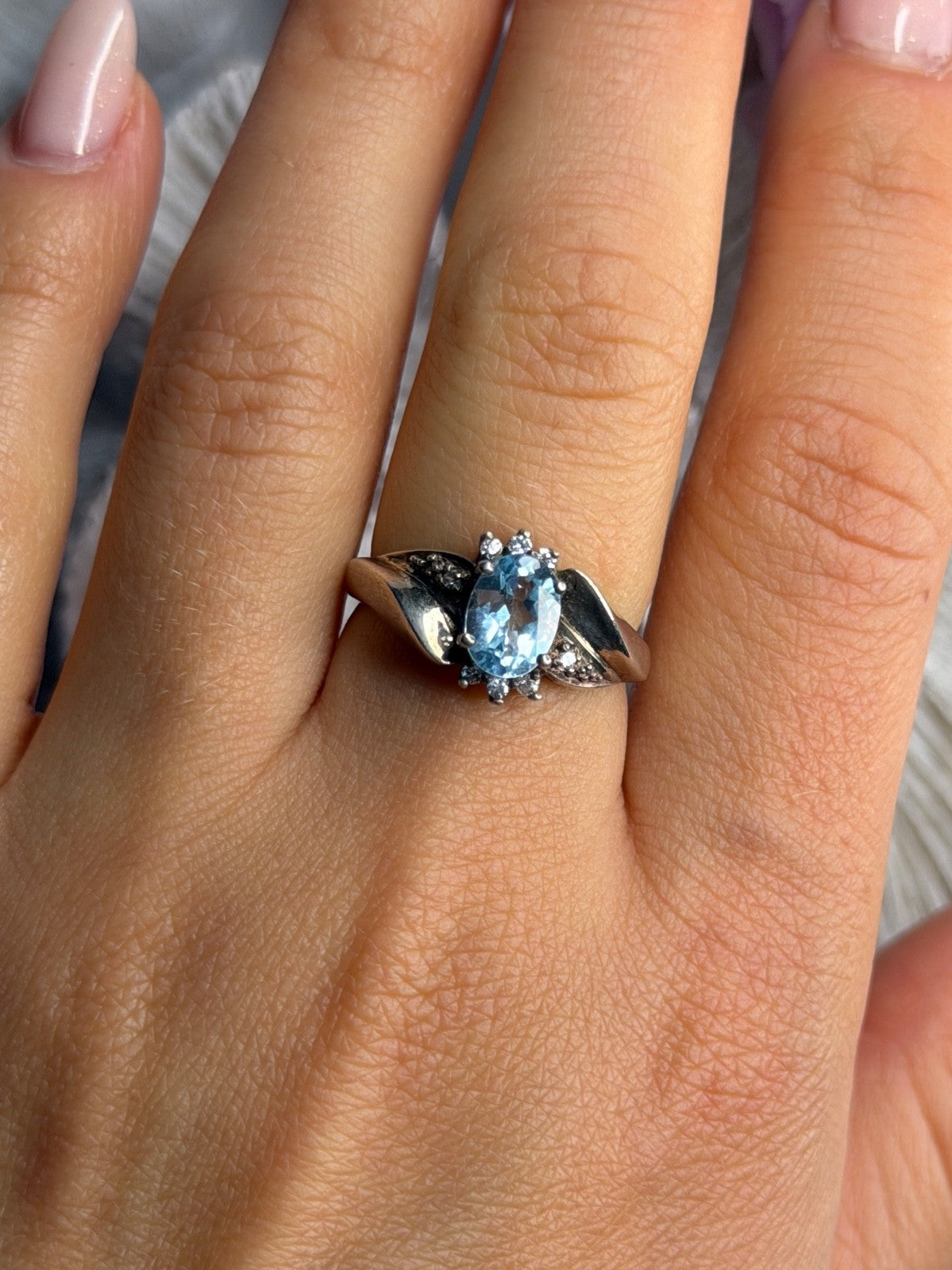 925 Sterling Silver Blue Topaz & Beryl Ring Size 8