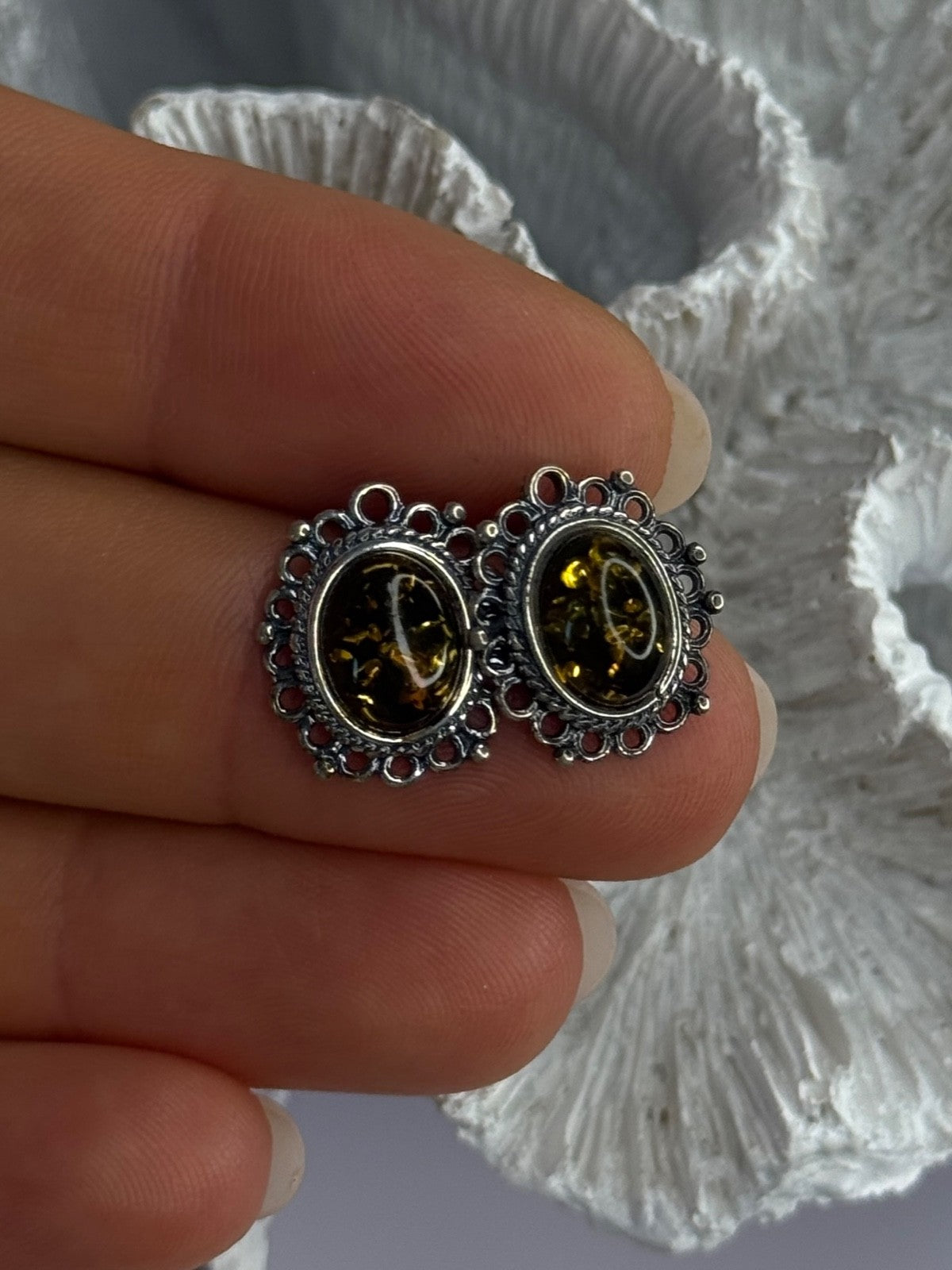 Vintage 925 Sterling Silver Amber Earrings Length 0.60 Inch