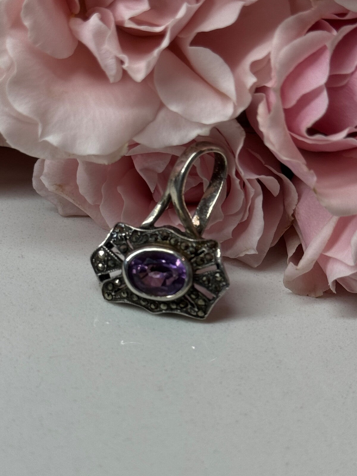 925 Sterling Silver Amethyst & Marcasite Pendant Length 1 In