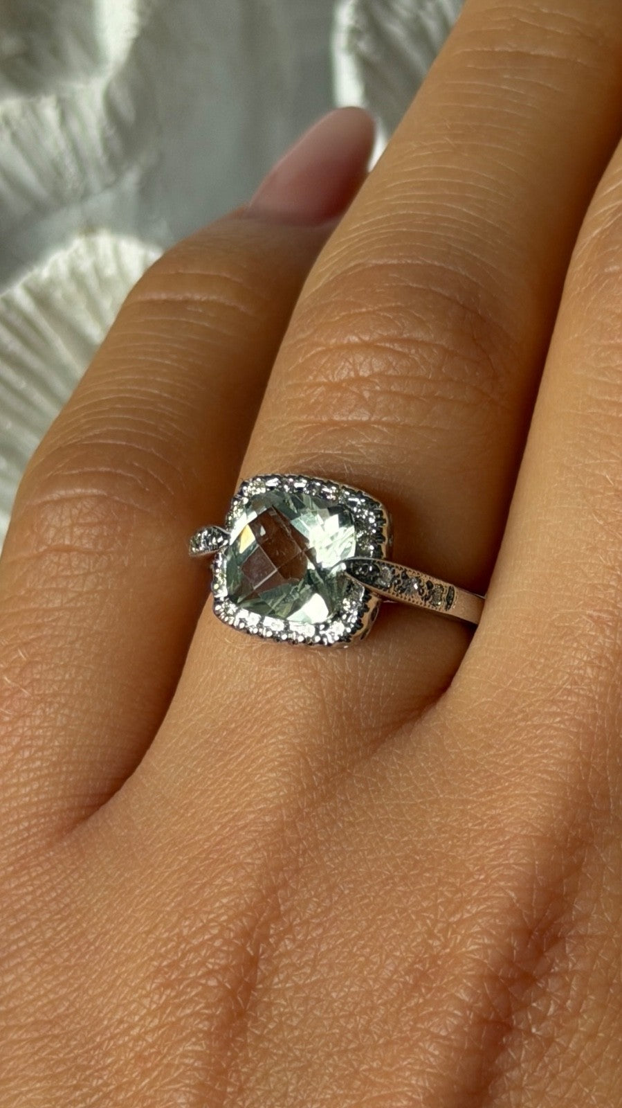 14K 585 White Gold Prasiolite Green Amethyst & Diamond Ring Size 6