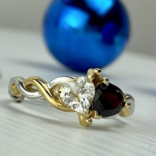 925 Sterling Silver Gold Plated Almandine & Spinel "Hearts" Ring Size 11.75