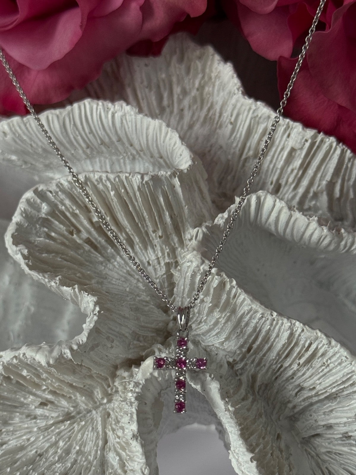 14K White Gold Cross/18K White Gold Chain Pink Sapphire & Diamond Cross Necklace