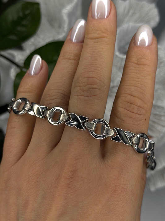 Vintage Design X-shaped & Circular Links 925 Sterling Silver Bracelet 7.5
