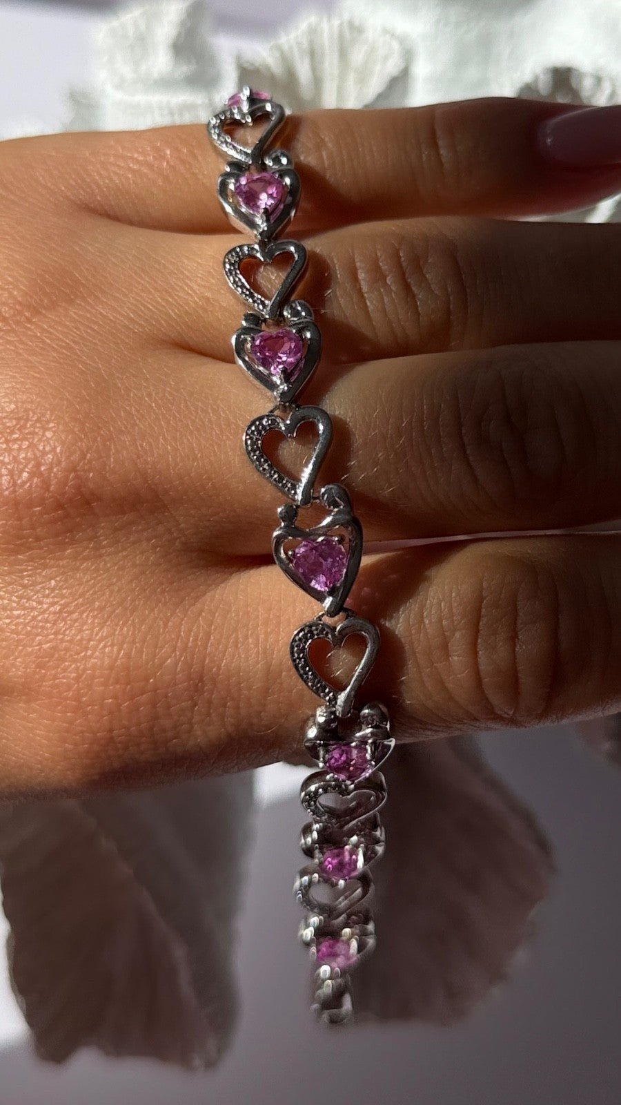 925 Sterling Silver Pink Sapphire Heart Bracelet Length 7.5
