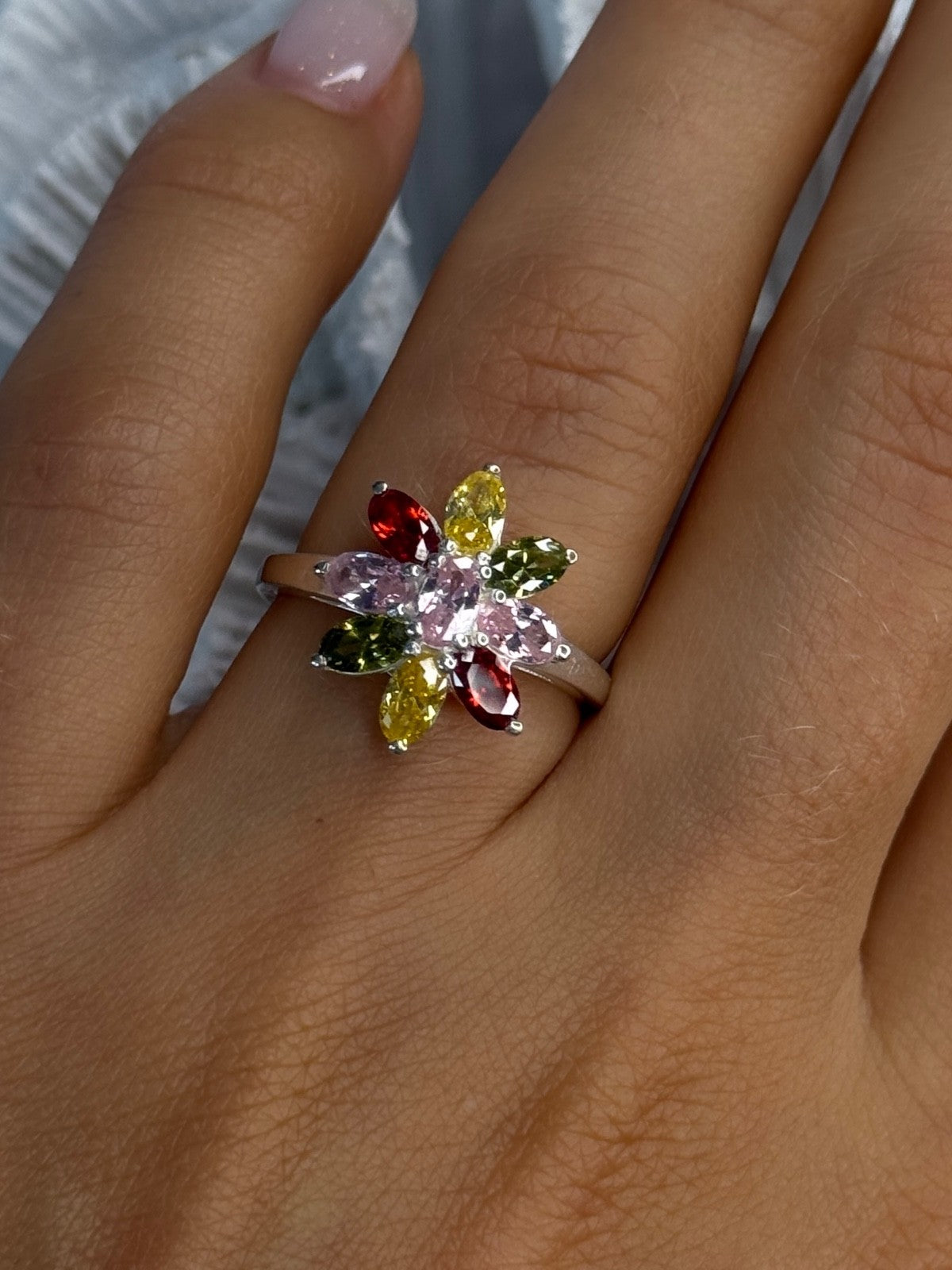 925 Sterling Silver Multi Color Spinel Flower Ring Size 7