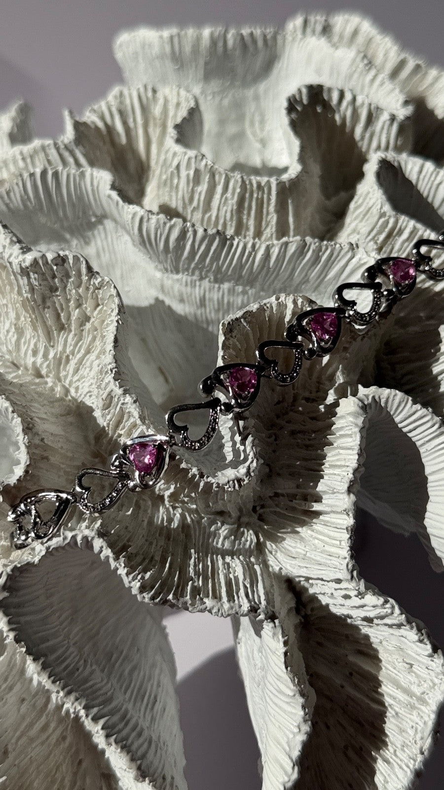 925 Sterling Silver Pink Sapphire Heart Bracelet Length 7.5