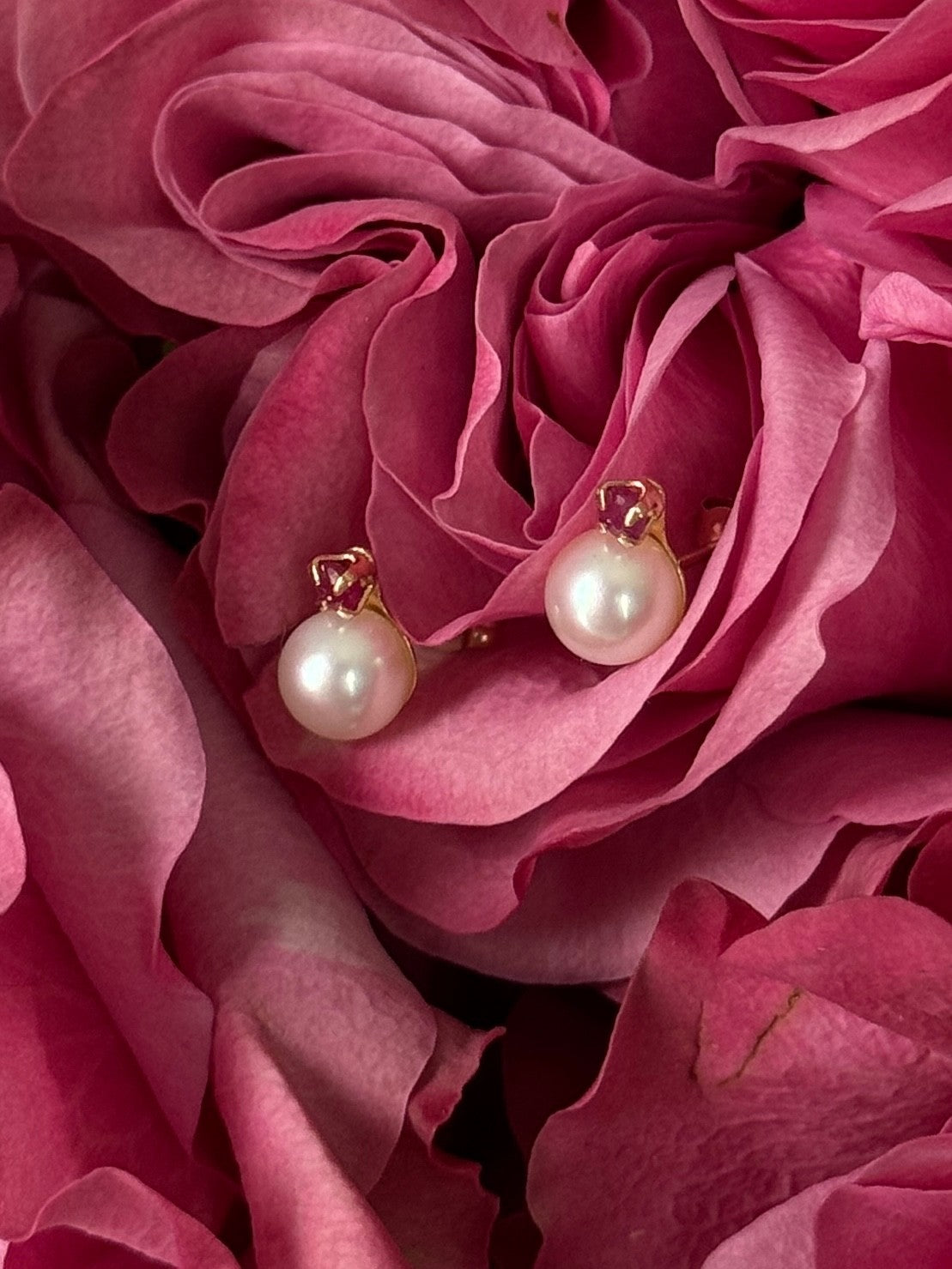 14K Yellow Gold Pearl & Ruby Stud Earrings