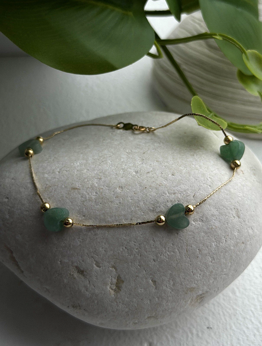 14K Yellow Gold Green Jade Heart Bracelet Length 7