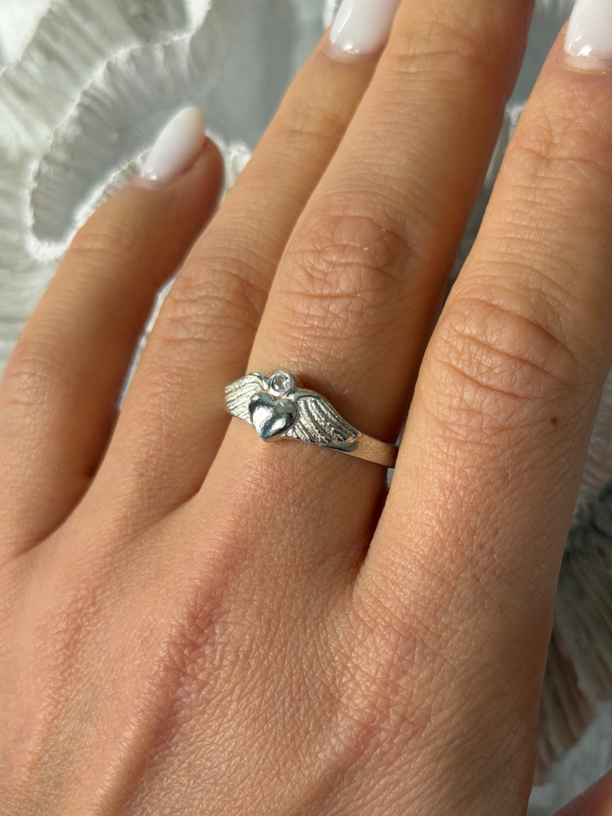 925 Sterling Silver Heart Wings Colorless Topaz Ring Size 9