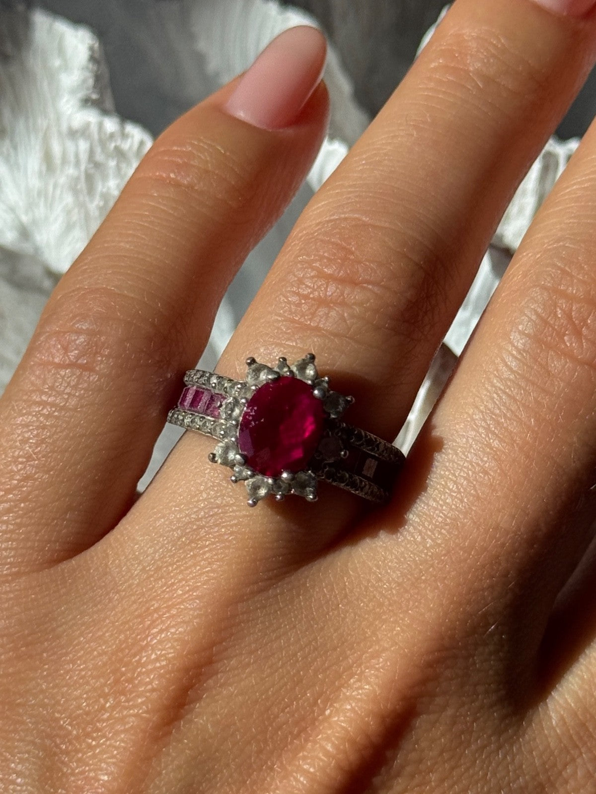 925 Sterling Silver Ruby & Beryl Flower Ring Size 7
