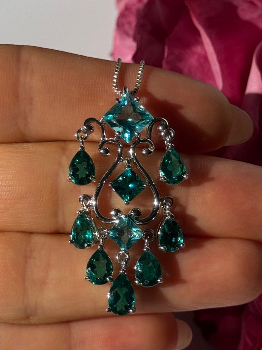 925 Sterling Silver Aquamarine & Emerald Necklace Length 17 Inch