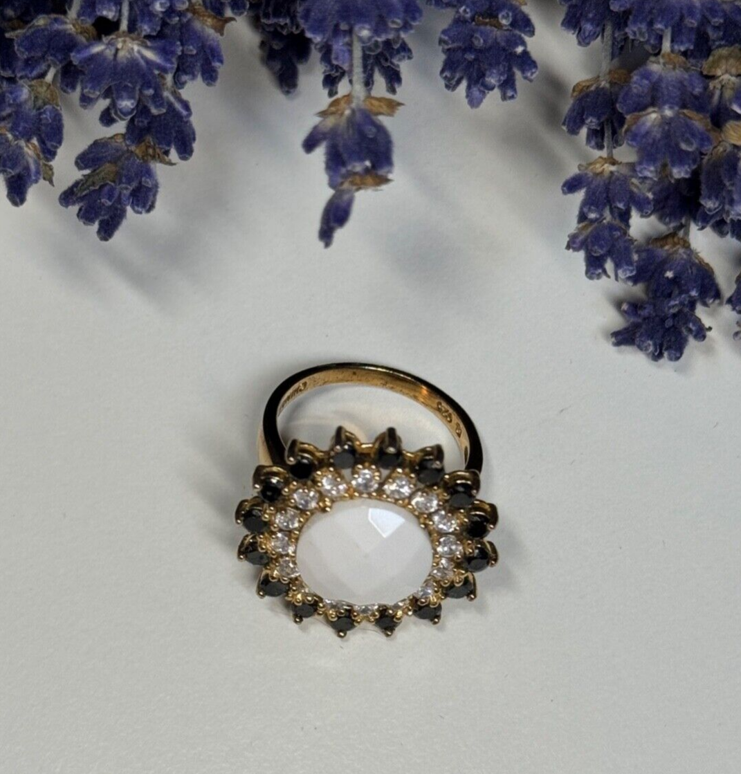 925 Sterling Silver Agate, White & Blue Sapphire Ring Size 7
