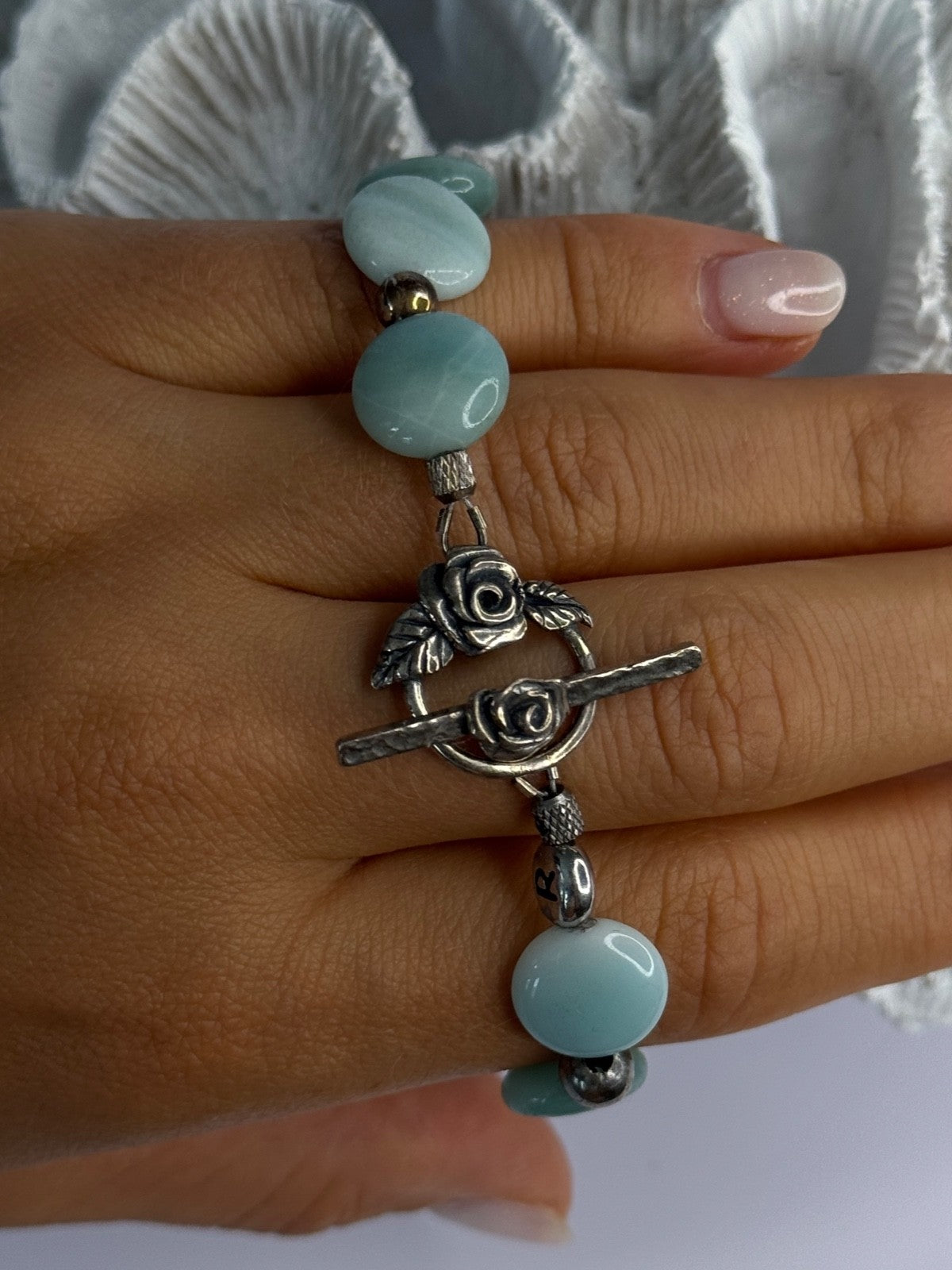 Beautiful 925 Sterling Silver Amazonite Stones Bracelet Length 7.5