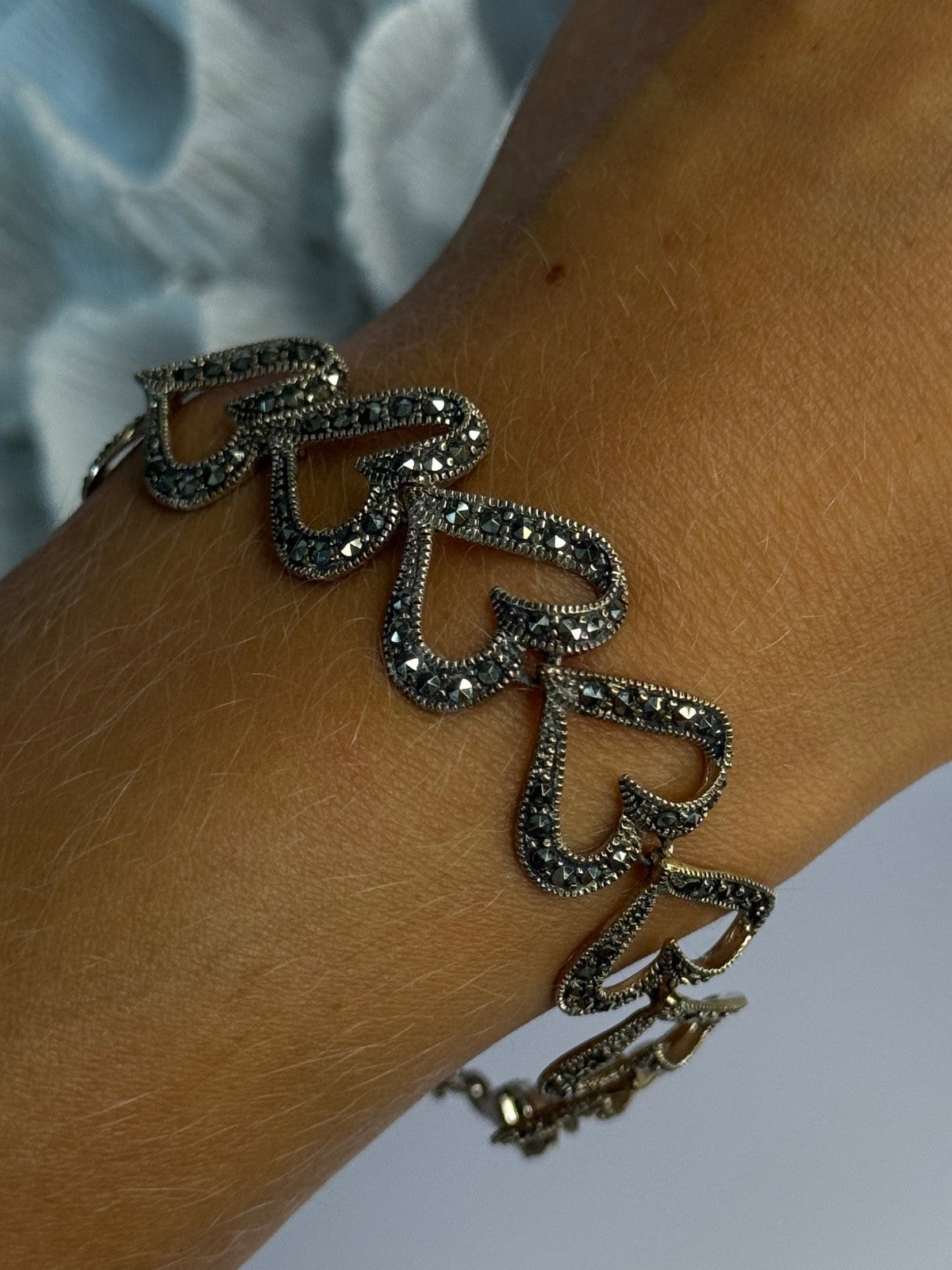 925 Sterling Silver Marcasite Hearts Bracelet Length 7.5