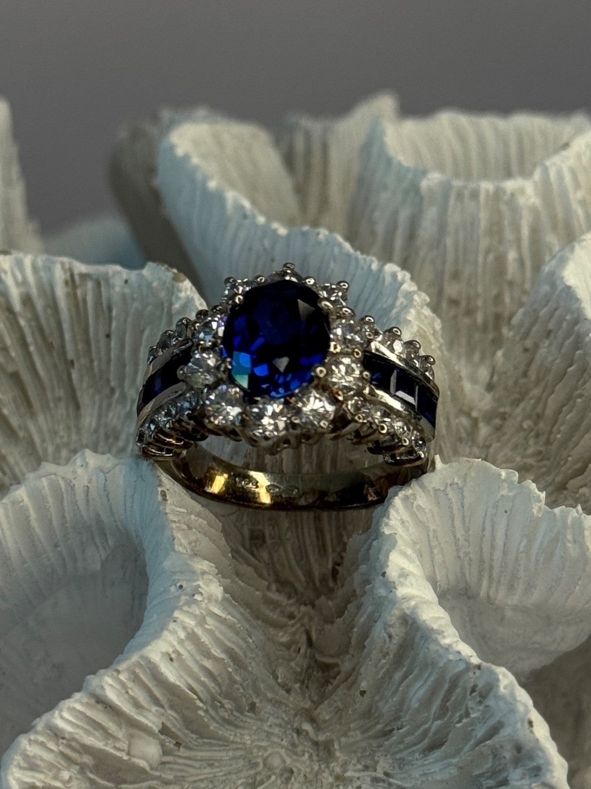 925 Sterling Silver Sapphire & Beryl Flower Ring Size 7.5