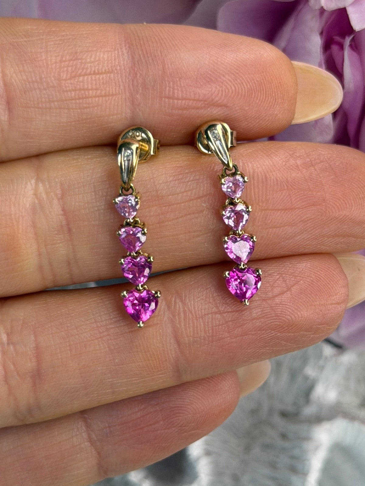 10K Yellow Gold Pink Sapphire & Diamond "Hearts" Earrings