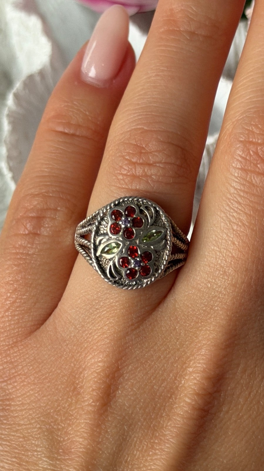 925 Sterling Silver Garnet Amethyst Peridot Ring Size 7