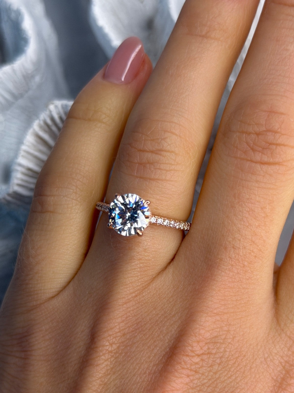 AZL 925 Sterling Silver Rose Gold Plated Lab-Created Diamond Ring Size 7