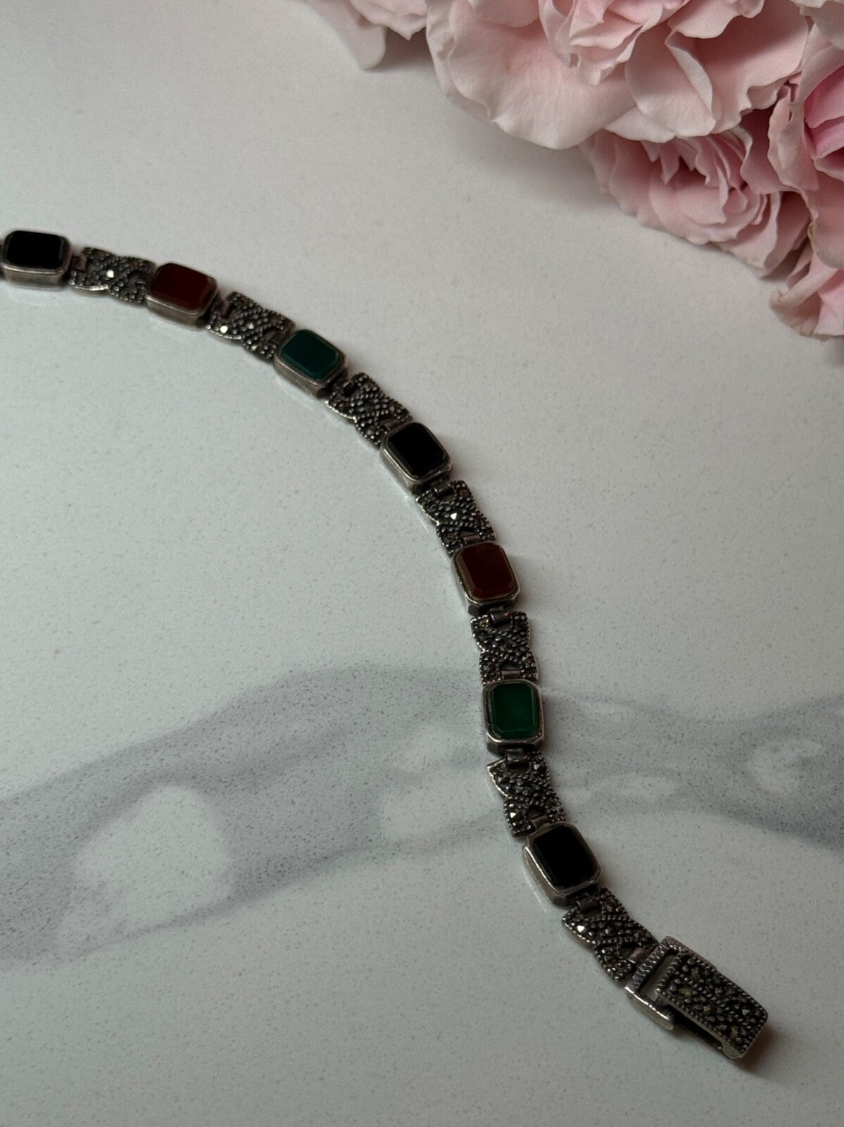 925 Sterling Silver Nephrite & Marcasite Bracelet Length 7.5 Inch