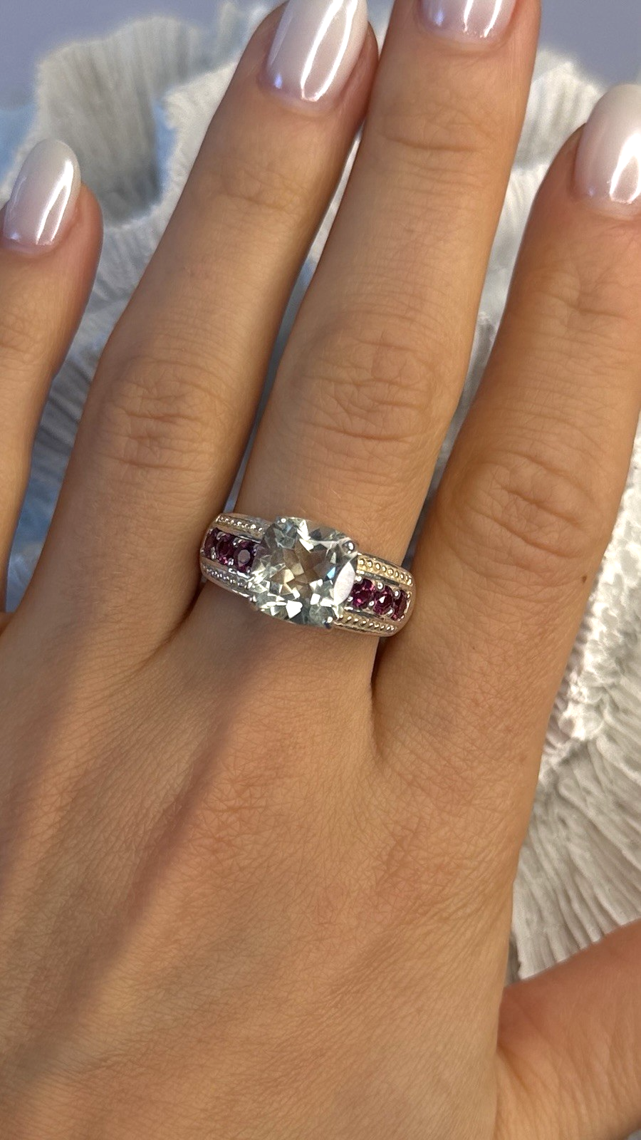925 Sterling Silver Cushion-Cut Aquamarine & Pink Tourmaline Ring Size 9
