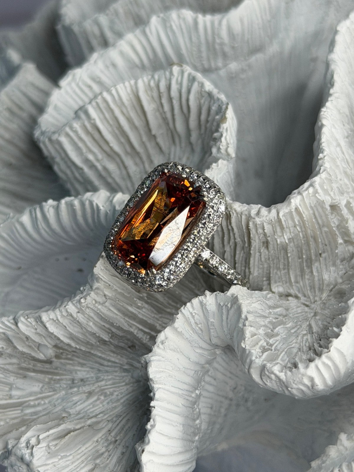 925 Sterling Silver Orange Crystal & Cz Ring Size 5