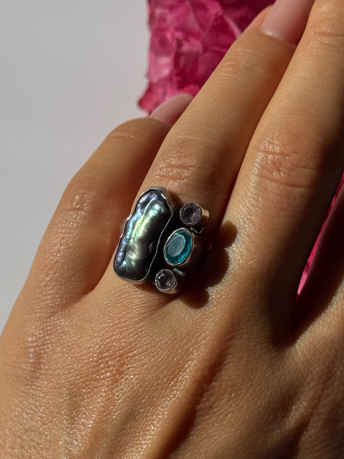 925 Sterling Silver Abalone Amethyst Aquamarine Ring Size 6