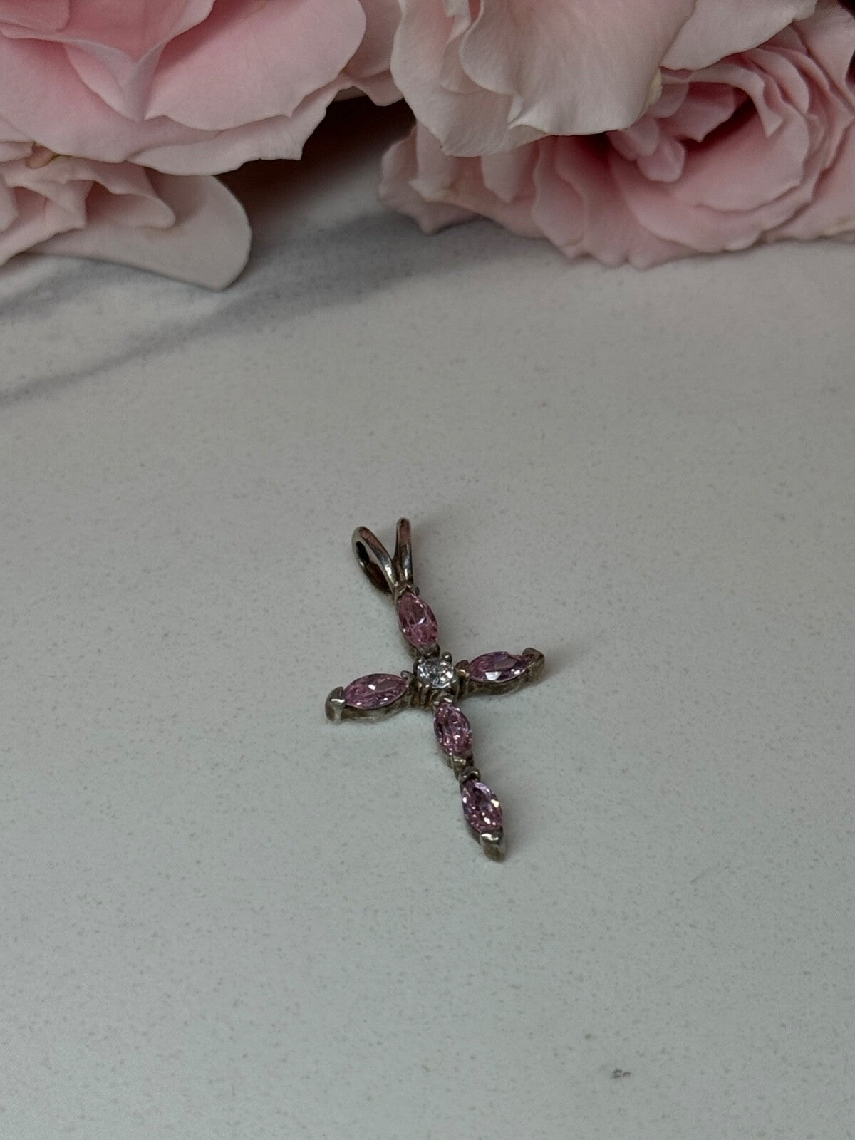 925 Sterling Silver Morganite & CZ Cross Length 1.1 In