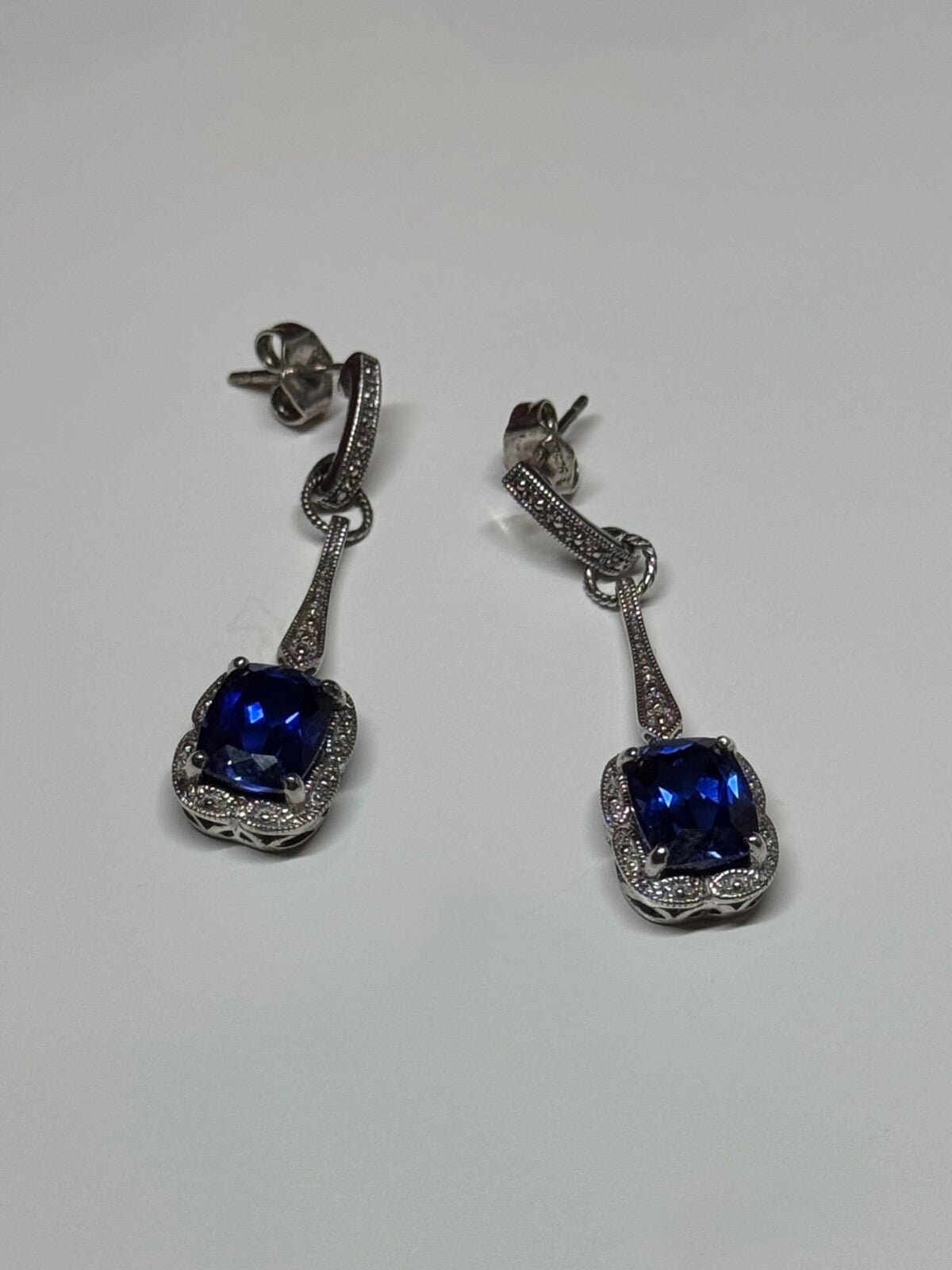 925 Sterling Silver Sapphire Earrings Length 1.5 Inch
