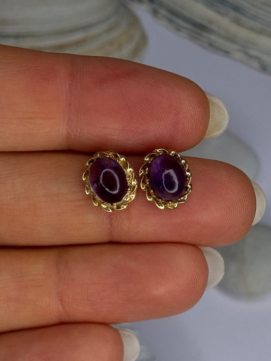 14K Yellow Gold Amethyst Stud Earrings Length 0.40 Inch