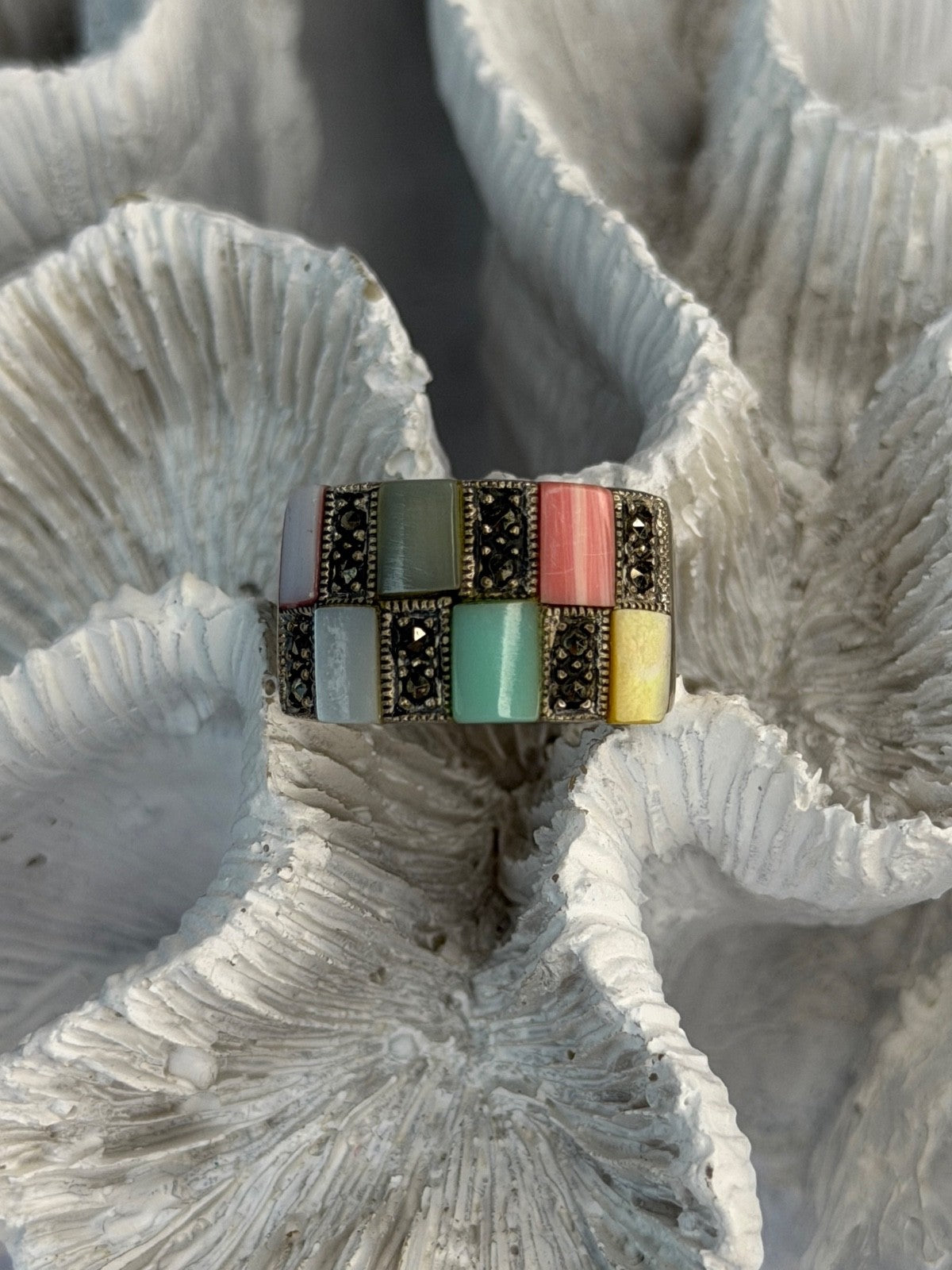 925 Sterling Silver Abalone & Agate & Marcasite Ring Size 6.5