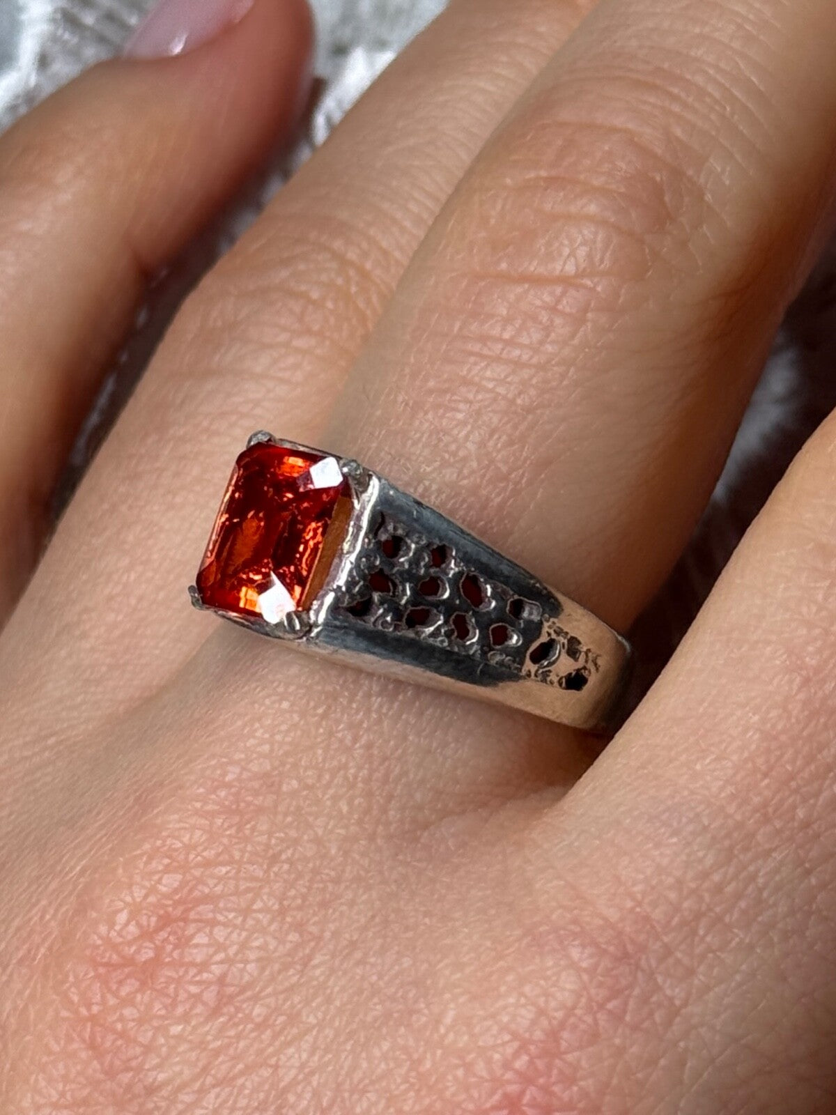 925 Sterling Silver Orange Citrine Men'S Ring Size 9