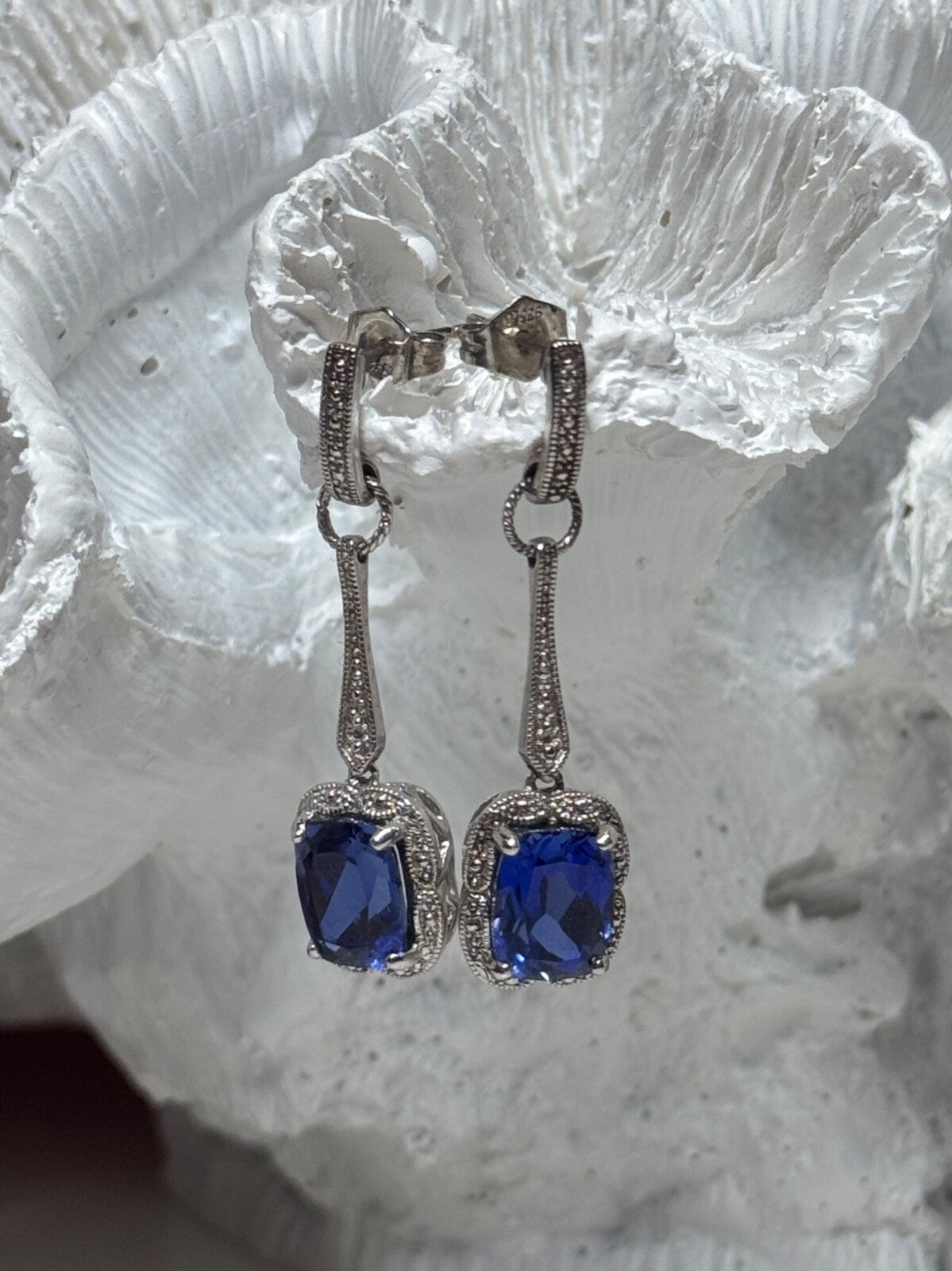 925 Sterling Silver Sapphire Earrings Length 1.5 Inch