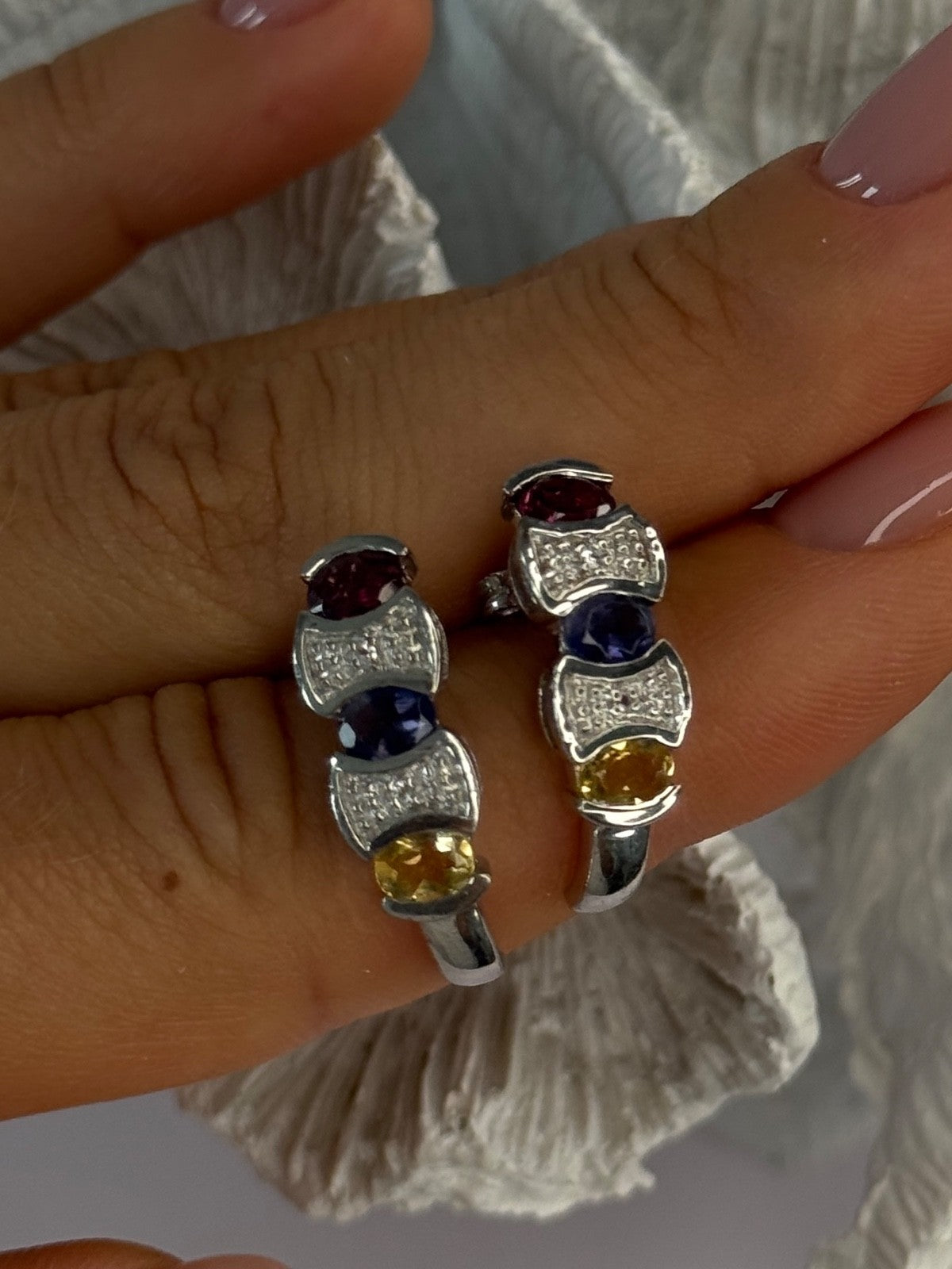 925 Sterling Silver Ruby Tanzanite Citrine Diamond Earrings Length 0.90 Inch
